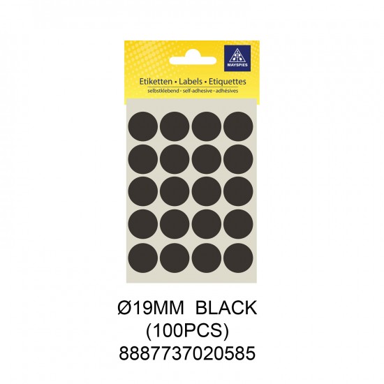 MAYSPIES MS019 COLOUR DOT LABEL / 5 SHEETS/PKT / 100PCS / ROUND 19MM BLACK